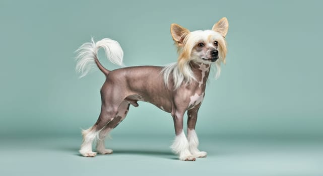 A chinese crested dog stands gracefully against a teal background, showcasing its distinctive hairless body and elegant posture. the breed's unique appearance is accentuated by its silky mane and expressive eyes.