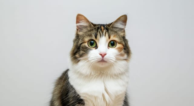 Calico cat with vibrant green eyes and a fluffy coat sits against a clean, minimalist white background. perfect for pet enthusiasts and contemporary home decor, the feline's captivating gaze and soft fur.