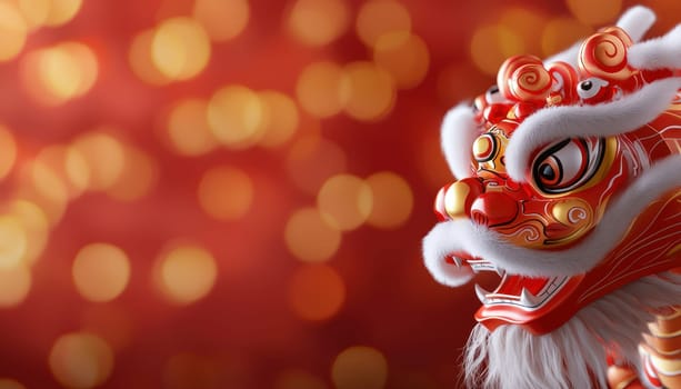 A Vibrant lion dance mask with intricate details against blurred red background, symbolizing celebration and culture