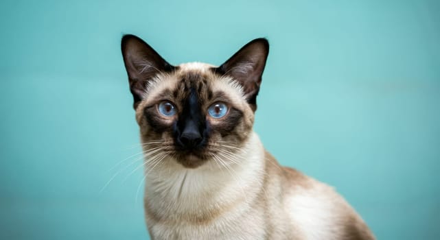 Close-up of a siamese cat showcasing its striking blue eyes and distinctive facial markings. set against a turquoise background, this image highlights the elegant features and curious expression of this popular feline breed.
