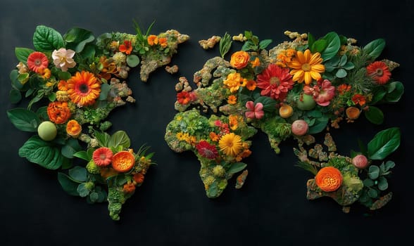 Creative design of a world map laid out of flowers, on a dark background. Selective focus.