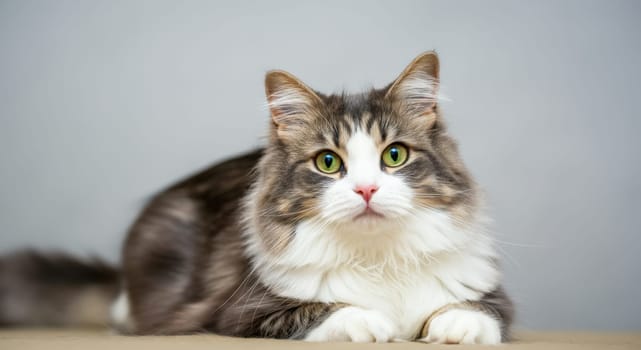 A domestic cat with long, fluffy fur and mesmerizing green eyes is comfortably lying down on a neutral backdrop. the cat's coat features a blend of brown, black, and white colors, creating a visually appealing contrast.