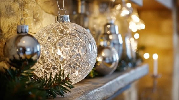 Christmas, holiday decor and country cottage style, cosy atmosphere, decorated Christmas tree in the English countryside house living room with fireplace, interior decoration idea