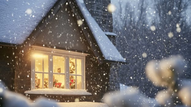 Christmas in the countryside, cottage decorated for holidays on a snowy winter evening with snow and holiday lights, English country styling inspiration