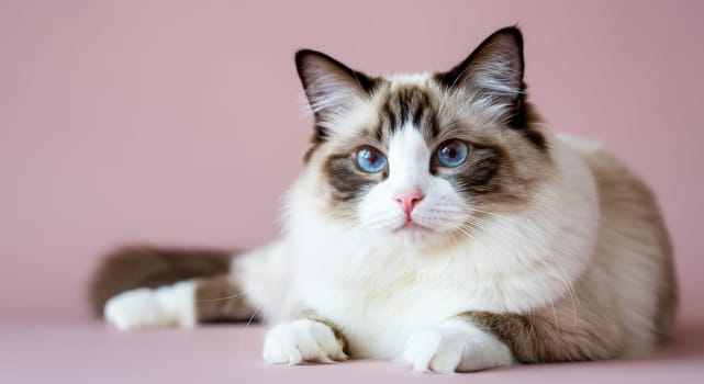 A ragdoll cat with striking blue eyes and soft, fluffy fur lies against a soothing pink backdrop. its relaxed posture and captivating gaze create a sense of calm and elegance.
