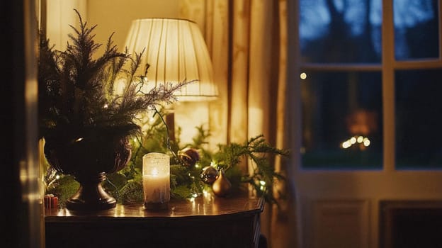 Christmas, holiday decor and country cottage style, cosy atmosphere, decorated Christmas tree in the English countryside house living room with fireplace, interior decoration idea
