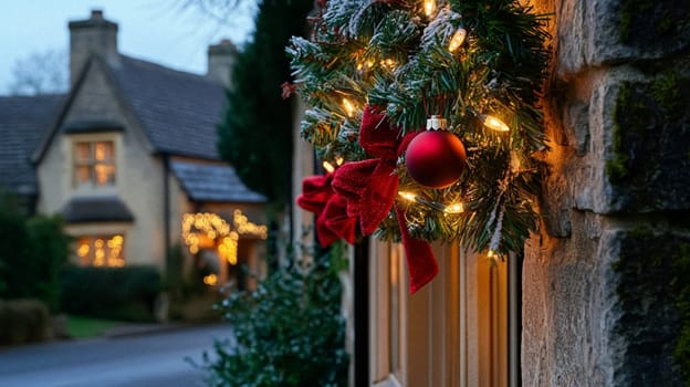 Christmas in the countryside, cottage decorated for holidays on a snowy winter evening with snow and holiday lights, English country styling inspiration