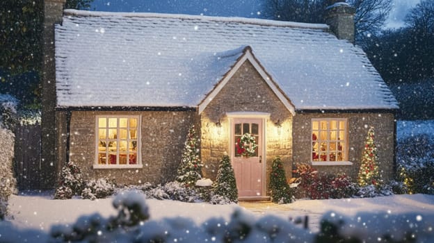 Christmas in the countryside, cottage decorated for holidays on a snowy winter evening with snow and holiday lights, English country styling inspiration
