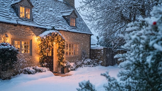 Christmas in the countryside, cottage decorated for holidays on a snowy winter evening with snow and holiday lights, English country styling inspiration