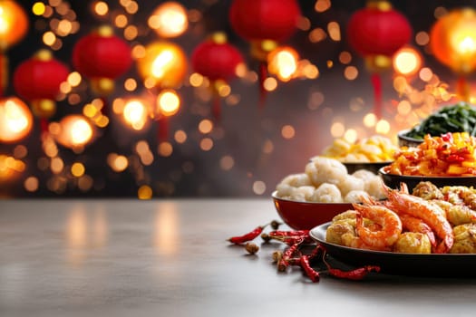 A table laden with traditional Chinese New Year food, featuring shrimp, dumplings, and vibrant dishes, creating festive atmosphere