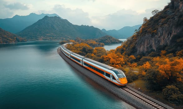Train travel through the mountains next to a lake. Selective focus.