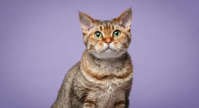 Close-up of a curious devon rex cat featuring distinct curly fur and large expressive eyes. the purple background highlights its unique appearance, making it an engaging subject for pet enthusiasts.