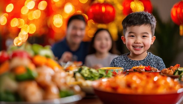 A family celebrating joyful Chinese New Year with delicious food and festive decorations. child smiles brightly amidst vibrant atmosphere