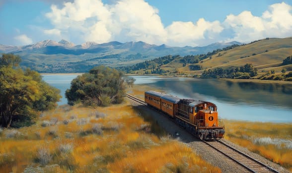 Train travel through the mountains next to a lake. Selective focus.