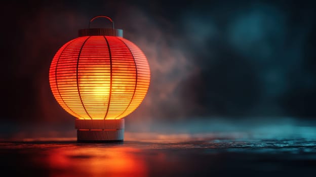 A glowing red lantern emits warm light in misty atmosphere, creating serene ambiance