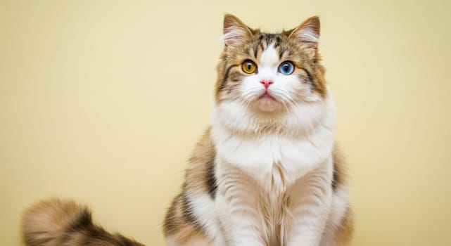 Fluffy cat with heterochromatic eyes—one blue, one amber—sitting against a soft yellow backdrop. its striking multicolored fur and captivating gaze highlight the beauty and wonder of feline diversity.
