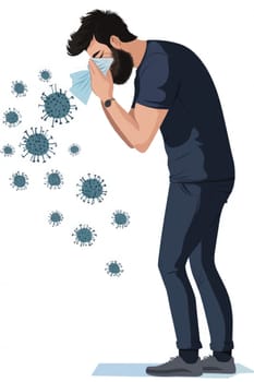 Sick individual moment: sneezing act, tissue aid, mask barrier, virus defense, cold relief, respiratory concern, illness prevention, germ reduction, personal care, seasonal condition response