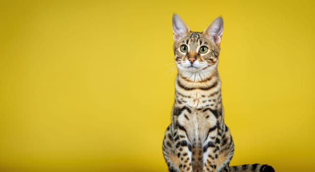 Bengal cat with distinctive spotted coat sitting against a vibrant yellow background, showcasing its elegant posture. ideal for pet-themed decoration, advertisement, or playful interior design concepts.