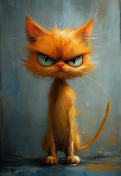 A cartoon dissatisfied ginger cat on an abstract background. Selective focus.