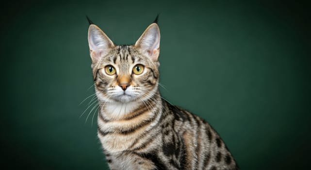 A portrait of a striking tabby cat with unique facial markings and tall ears. its bright eyes stand out against the deep green background, emphasizing its graceful and attentive demeanor.