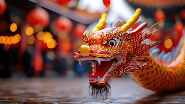 A vibrant dragon sculpture in festive setting, symbolizing Chinese New Year celebrations with colorful lanterns and joyful atmosphere