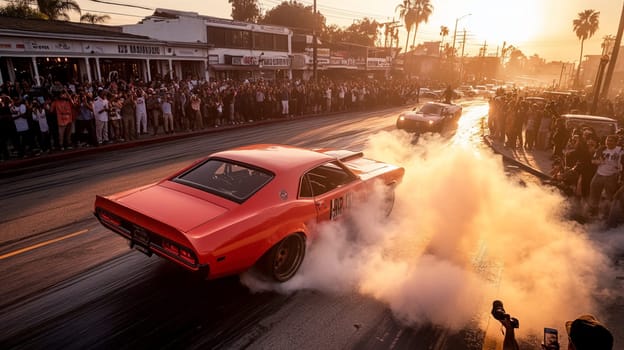 Pink muscle car revs its engine, creating smoke as a crowd cheers at an event. The vibrant sunset adds excitement to this dynamic scene of automotive passion in california's urban streets