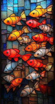 School of colorful fish on mosaic background. Selective focus.