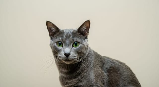 A close-up portrait of a gray cat with vibrant green eyes set against a neutral backdrop. the cat's attentive expression and sleek fur showcase its elegance and distinct personality, making it a captivating subject.
