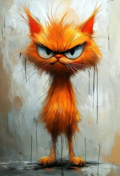 A cartoon dissatisfied ginger cat on an abstract background. Selective focus.