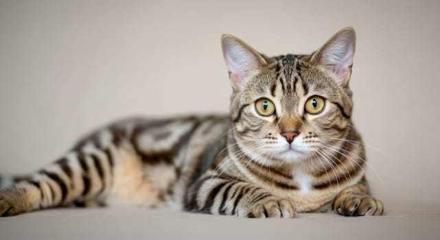 A beautifully detailed portrait of a tabby cat with striking green eyes and intricate stripes, lying comfortably on a beige surface. the cat's attentive gaze and relaxed posture convey a sense of calm curiosity.