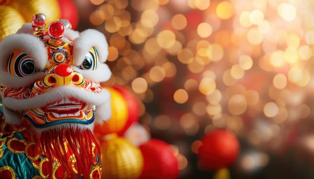 A Vibrant lion dance decoration with colorful lanterns and bokeh lights