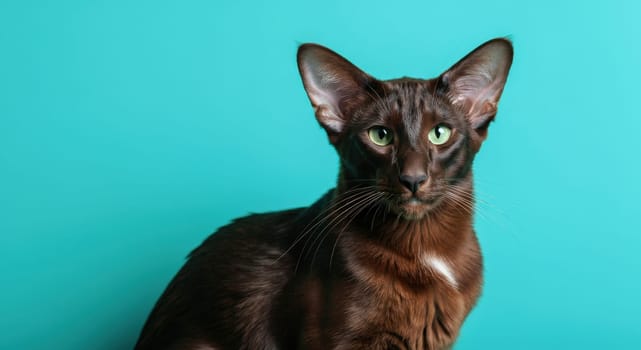 Oriental shorthair cat with striking green eyes poses gracefully against a vibrant turquoise backdrop. the cat's sleek, chocolate-brown coat highlights its distinctive ears and alert expression, capturing a sense of elegance and poise.