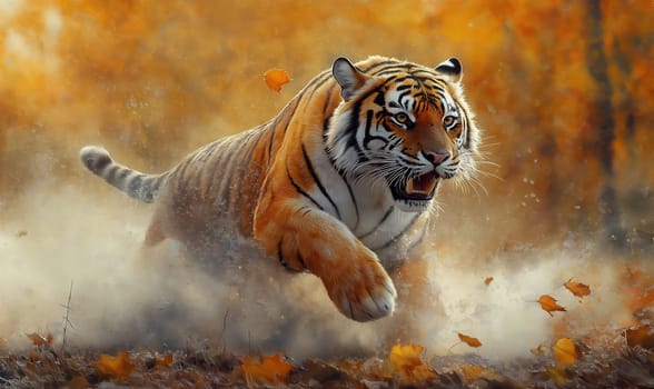 Watercolor, tiger running through an autumn forest. Selective focus.