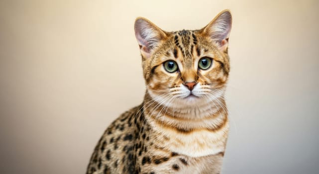 Bengal cat showcasing distinct spotted coat and sharp green eyes. perfectly poised, the feline's curious gaze captures elegance and wild grace, making it ideal for pet-related content or design.