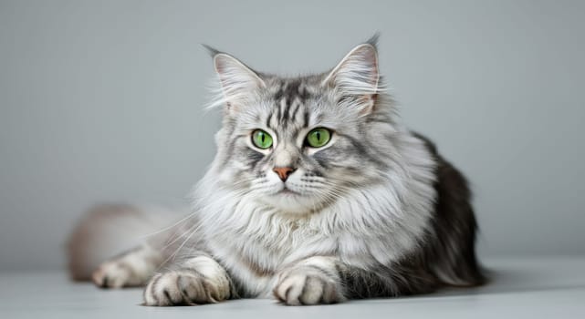 Maine coon cat with striking green eyes and a flowing, long coat rests on a neutral background. the close-up view highlights its majestic appearance and detailed fur pattern, showcasing the breed's distinctive features.