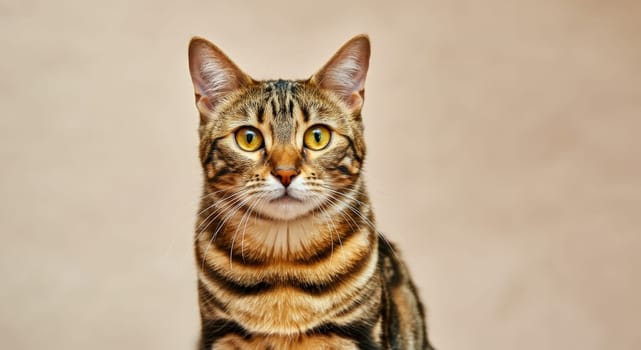 A mesmerizing portrait of a tabby cat showcasing its distinctive striped coat and captivating green eyes. set against a subtle background, the feline poses with a sense of grace and assurance, embodying elegance and charm.