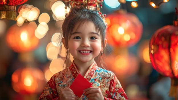 A Smiling girl in traditional Chinese attire holding red envelope, surrounded by festive lanterns, radiating joy and celebration