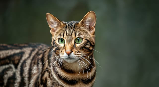 A close-up view of a bengal cat showcasing its distinct striped pattern and captivating green eyes. the feline's attentive and alert expression highlights its wild yet elegant appearance against a natural, blurred background.