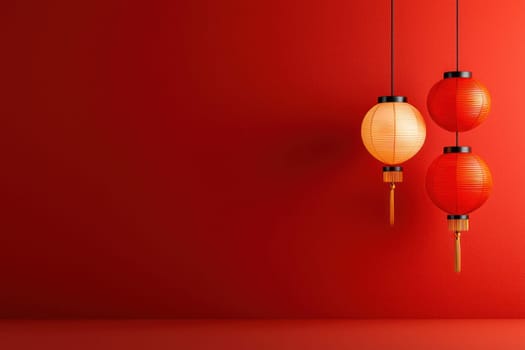 A Minimalist gold Chinese lanterns hanging against vibrant red wall create warm and inviting atmosphere