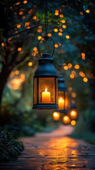 An Illuminated lanterns hang along serene path, casting warm glow. enchanting atmosphere invites tranquility and reflection