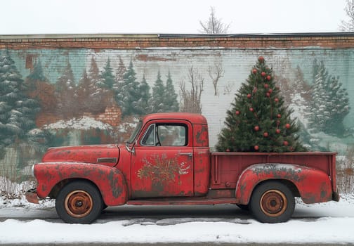 Vintage style Christmas card, a truck carrying a Christmas tree. Selective focus.
