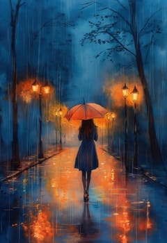 Watercolor, woman with umbrella in the rain, in an urban nightscape. Selective focus.