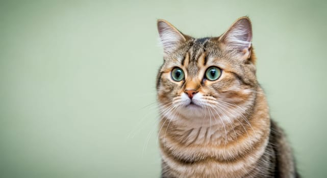 A close-up view of a charming tabby cat featuring vibrant green eyes and a fluffy coat. the cat's attentive expression is captured against a soft green background, its natural beauty and inquisitive nature.