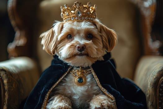 A regal portrait of small dog wearing crown and cape, exuding charm and elegance. This adorable canine is ready to rule