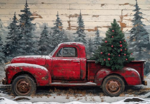 Vintage style Christmas card, a truck carrying a Christmas tree. Selective focus.