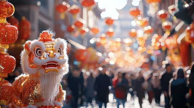 A vibrant lion dance performance amidst bustling streets decorated with red lanterns creates festive atmosphere