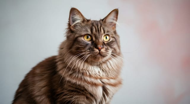 Long-haired cat with vivid amber eyes sits elegantly, showcasing its thick fur and alert expression. the soft pastel background accentuates the cat's regal demeanor, perfect for themes of elegance, tranquility, and curiosity.
