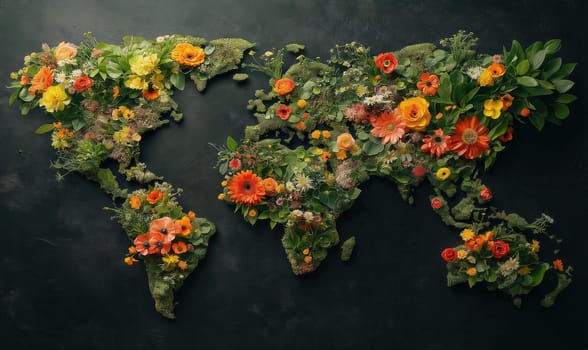 Creative design of a world map laid out of flowers, on a dark background. Selective focus.