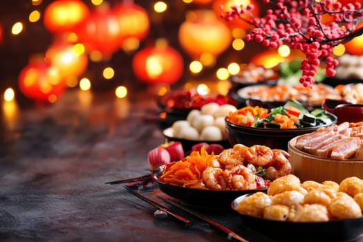 A vibrant table filled with traditional Chinese New Year food, showcasing colorful dishes and festive decorations, creating joyful atmosphere