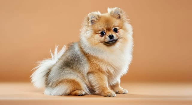 Fluffy pomeranian puppy sitting on a warm, neutral background. the pup's soft, thick fur and expressive eyes capture its playful and curious nature. ideal for pet-themed designs and animal lovers.